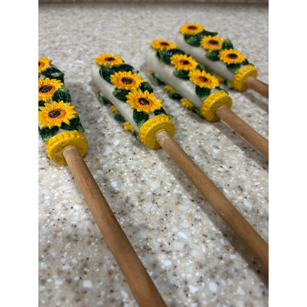 Sunflower Cooking Utensils Set of 4, Wood, Yellow Sunflower Handles One Size